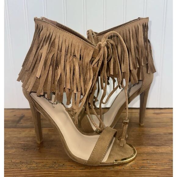 Womens Sz 7 Fringe Heels Ankle Wrap Open Toe Tan Zip Closure Platform Dressy - Picture 2 of 9